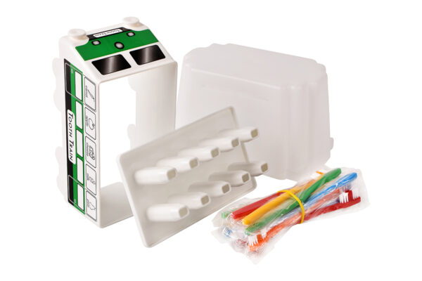 Tooth Train assembly: base, top, lid, bundle of toothbrushes